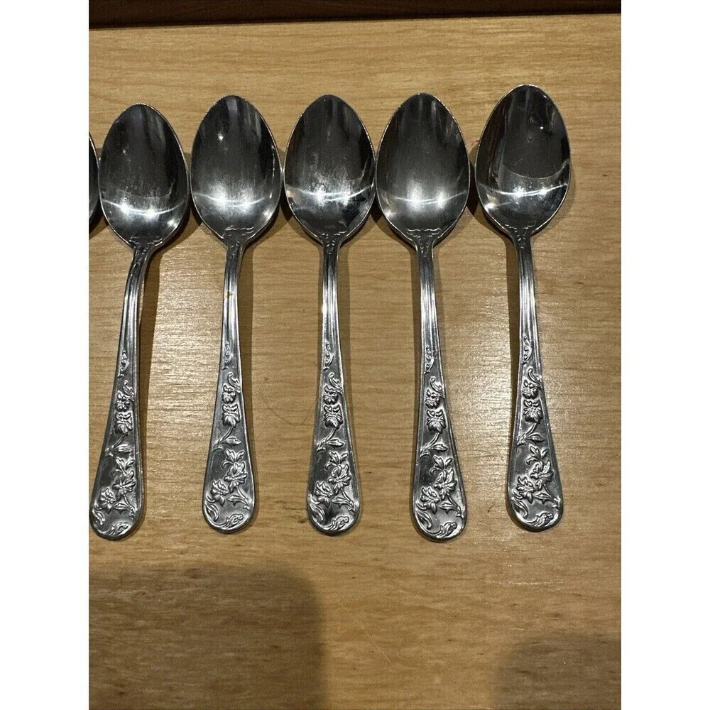 REED & BARTON Stainless QUEEN'S GARDEN Set Of 7 SOUP SPOONS 6”